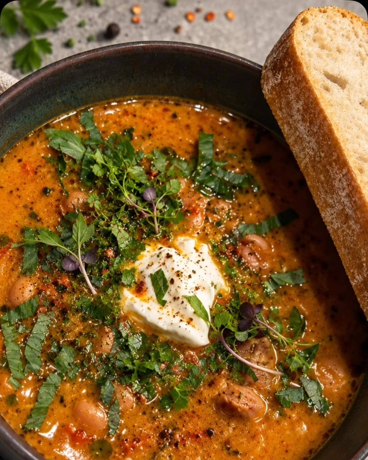 Bean soup with smoked sausage, sour cream and herbs