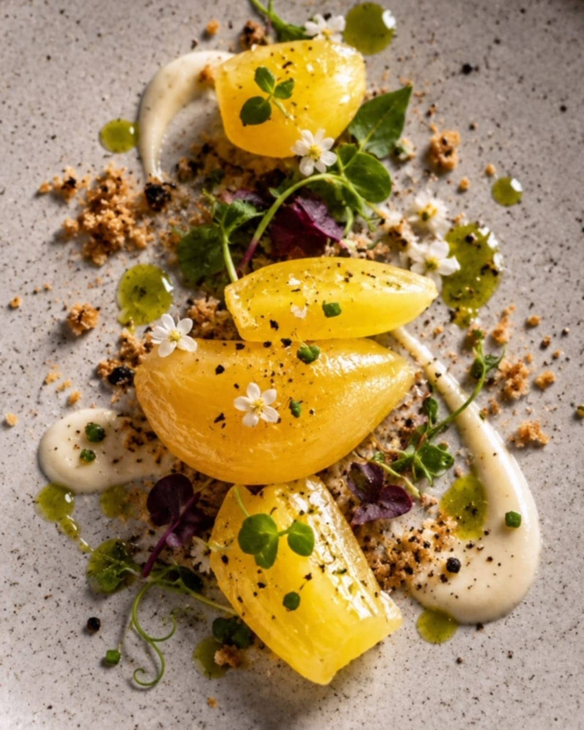 Plated fermented garlic with crumble, herb oil and edible flowers