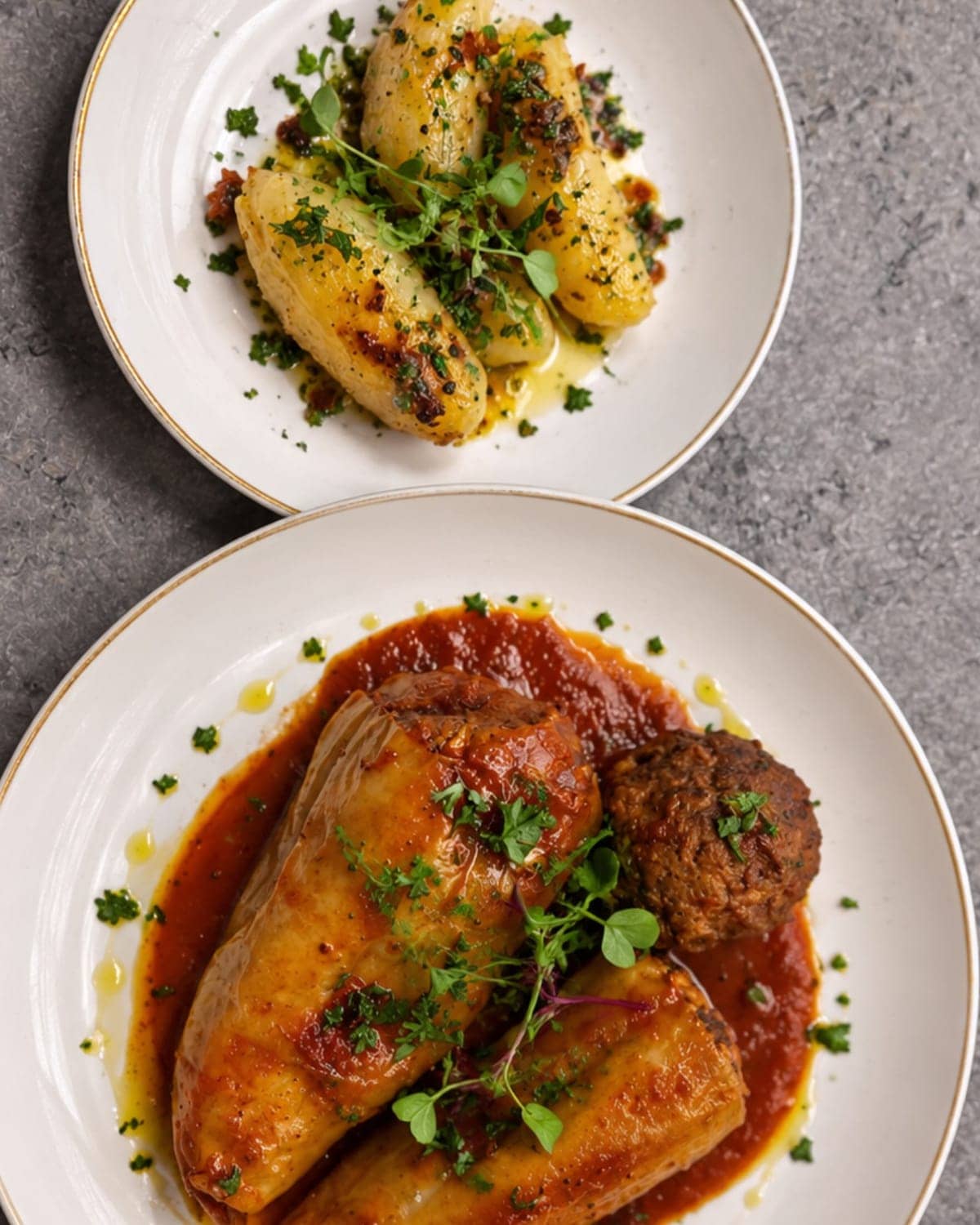 Stuffed peppers in tomato sauce with parsley potatoes